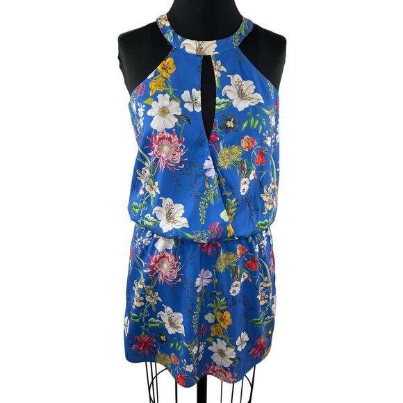 PARKER Blue Sangria Floral Keyhole Neck Surplice Sleeveless Mini A Line Dress XS - Picture 1 of 8